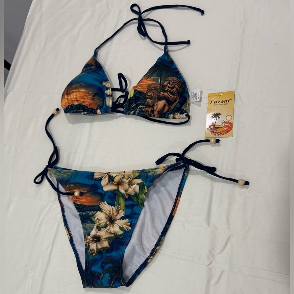 NWT Blue Tropical Print Bikini Set with Tie Straps
